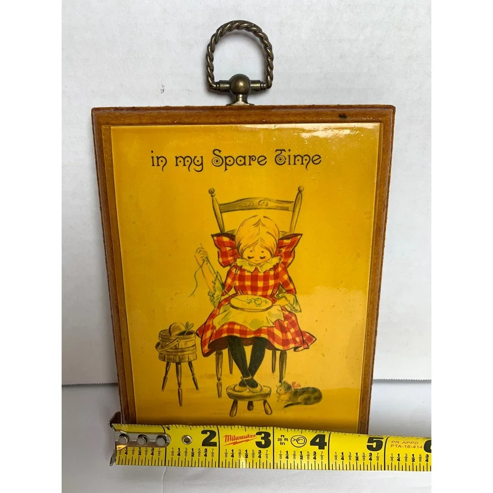 Vintage In My Spare Time‎ Girl Embroidery Wood Wall Plaque Kitsch Cottagecore